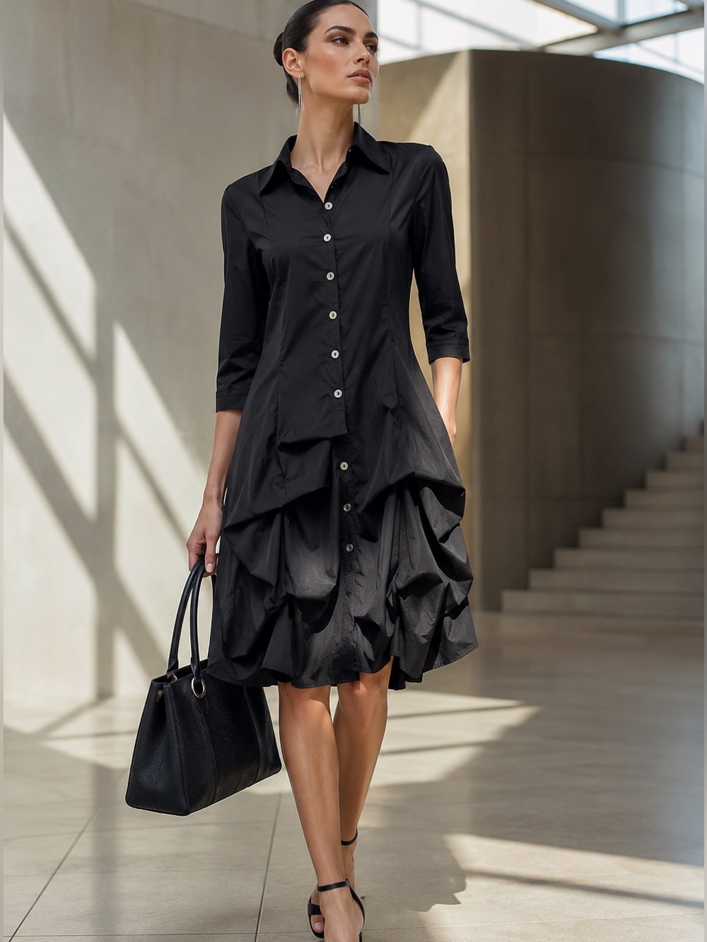 Joseph Ribkoff Avant-Garde Black Shirt Dress | Tiered Pouf Skirt